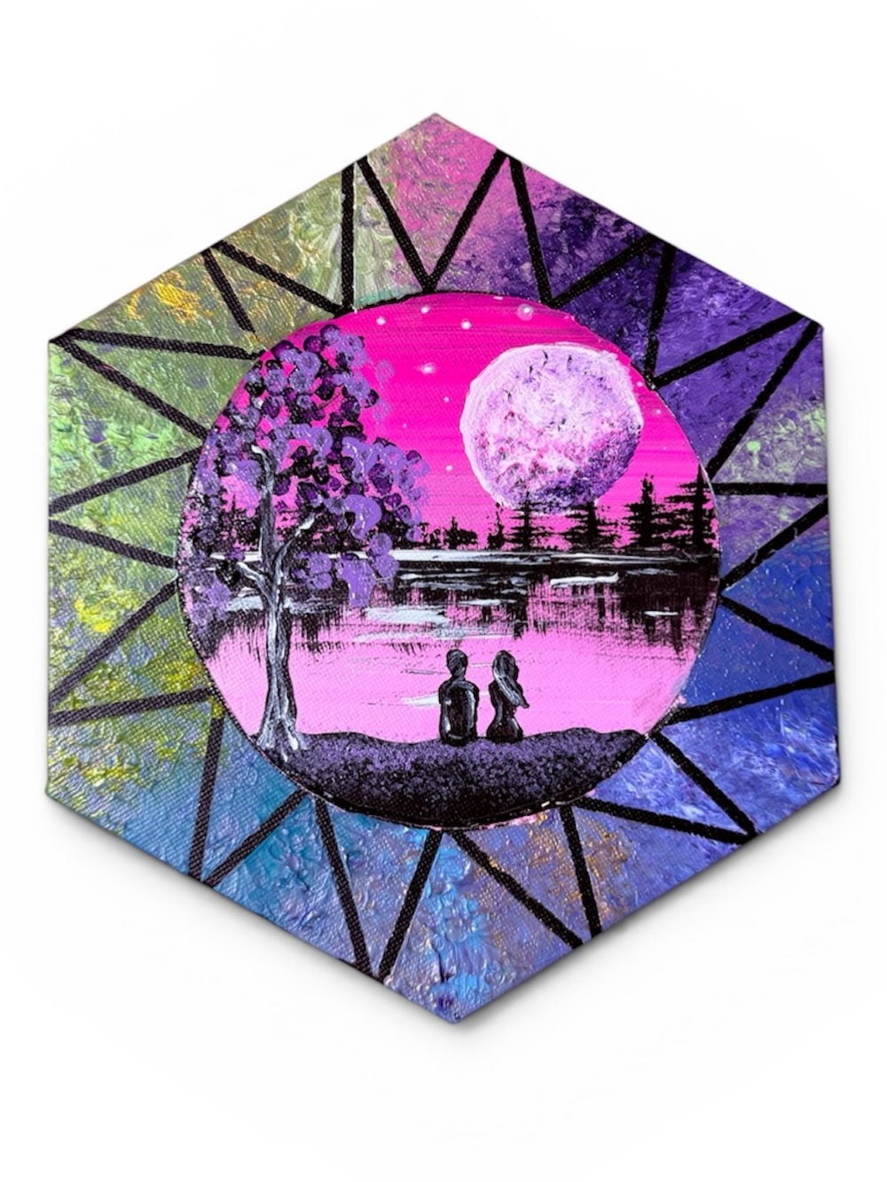 Hexagon Romance Nightscape Wall Art - Pink & Purple 8 inches